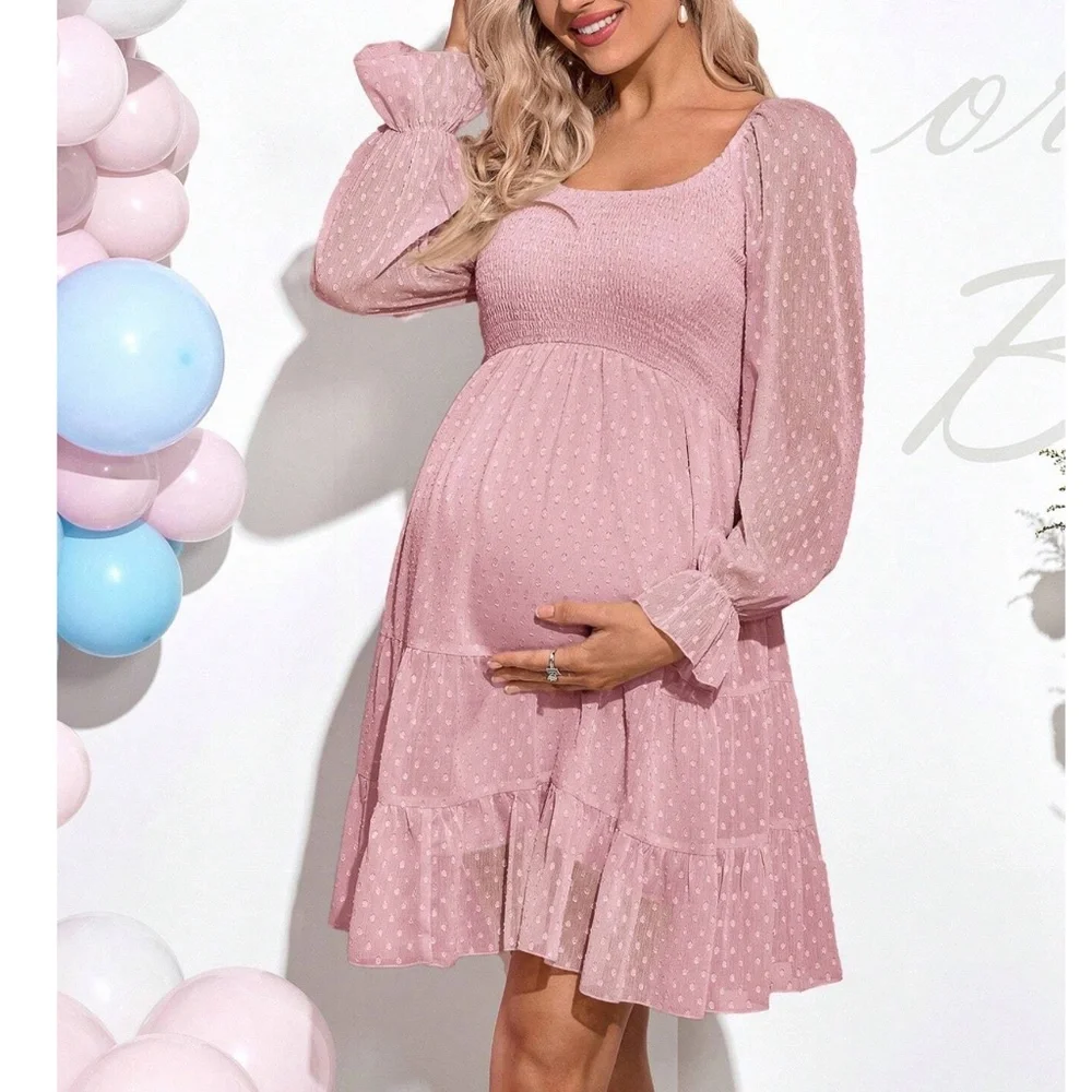 Maternity Polka Dot Shirred Bust Long Sleeve Ruffle Mini Dress